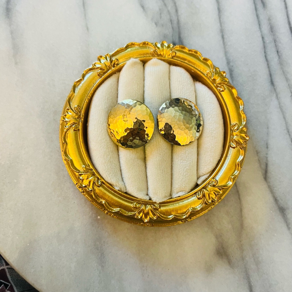 Vintage Hammered Gold Toned Earrings Round Statement Stud Back Glam - Picture 1 of 5